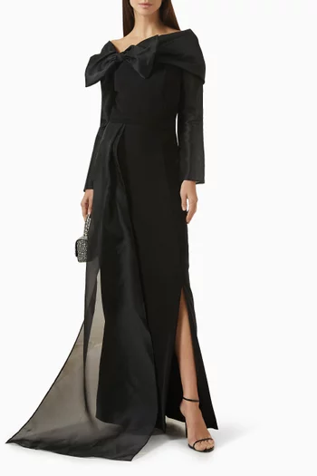 فستان سهرة بذيل وعقدة كريب وأورجانزا