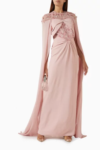 فستان سهرة بكاب وتطريزات تول وكريب