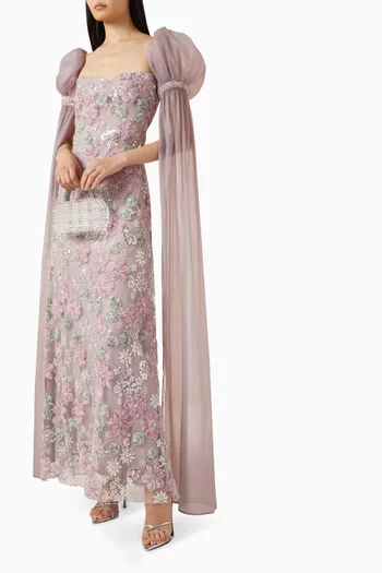 فستان سهرة بكاب وتطريزات بالخرز تول وأورجانزا