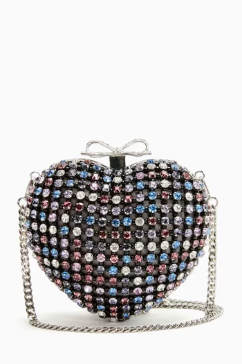 Crystal-embellished Heart Clutch Bag in Satin