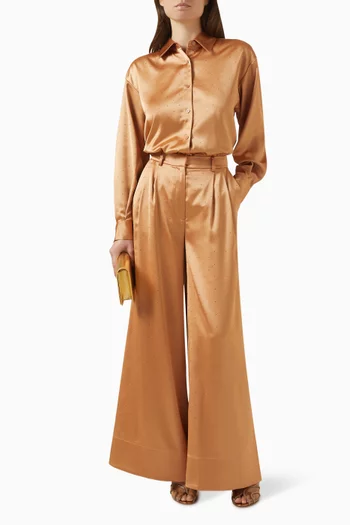 بنطال بقصة ساق واسعة ومطرز بأحجار الراين ستان