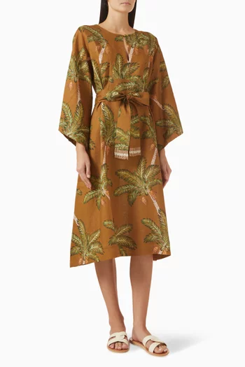 فستان متوسط بنقشة أشجار نخيل كتان