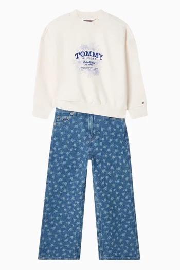 بنطال جينز دينم بقصة ساق واسعة وطبعة فواكه