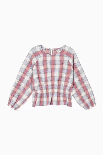 Check-print Smocked Blouse