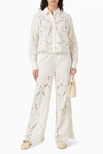 Daisy Embroidered Wide-leg Pants in Cotton-linen