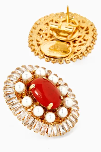 Crystal & Stone Stud Earrings in Gold-plated Brass