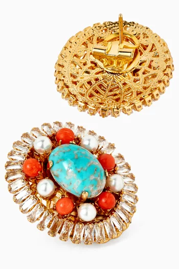 Crystal & Stone Stud Earrings in Gold-plated Brass