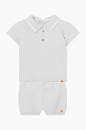 طقم سترة وشورت بياقة بولو منسوج