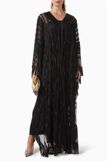 Embellished Fringe Cape Abaya in Tulle
