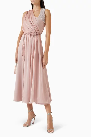 فستان سهرة مزين بتطريزات بالكريستال كريب وشيفون