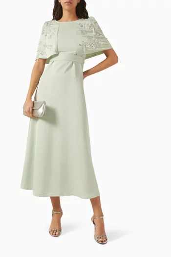 Embellished Cape Dress in Satin