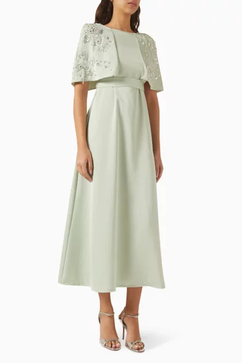 Embellished Cape Dress in Satin