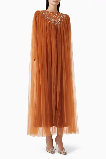 فستان بكاب مزين بتطريزات زهور تول وكريب