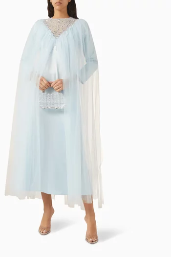 Floral-embroidered Cape Dress in Tulle & Crepe