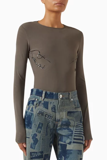 بودي سوت بفتحة رقبة مستديرة قماش شبكي