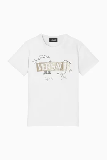 تي شيرت بطبعة شعار الماركة ورسومات يدوية قطن جيرسيه