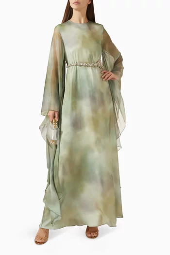 قفطان بحزام مطرز بالخرز ونقشة مصبوغة بالعقد والربط