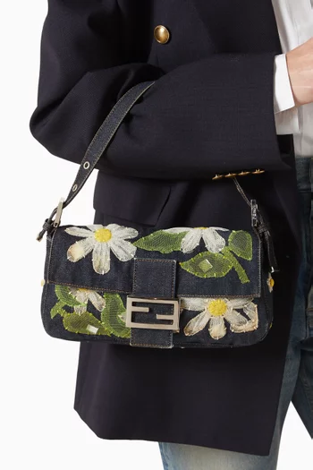 2000s Mesh Flower Appliqué Baguette Shoulder Bag in Denim