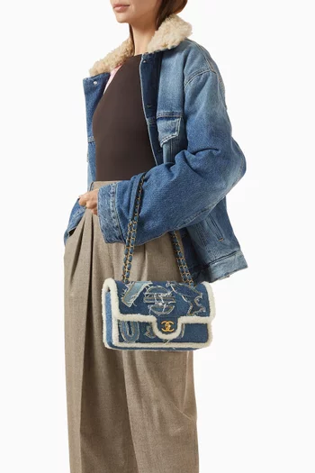 2019 Paris-Egypt Hieroglyph Flap Shoulder Bag in Denim & Shearling