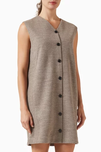 Buttoned Shift Mini Dress in Wool-blend