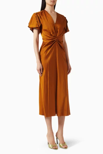Gathered V-neck Dress in Crepe Satin