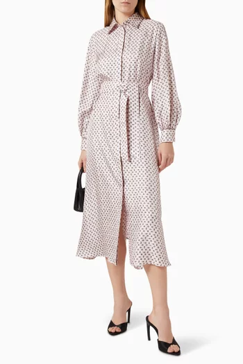 فستان متوسط الطول بنقشة وحزام حرير