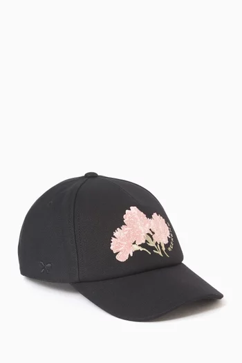 Floral-embroidered Baseball Cap in Canvas