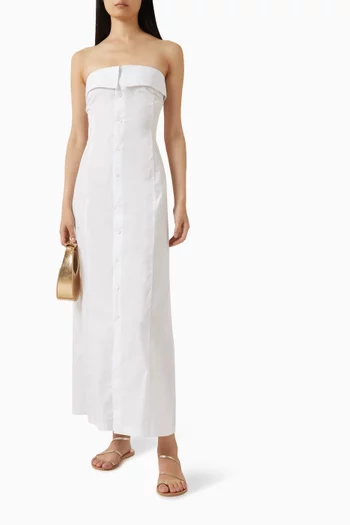 فستان طويل بفتحة رقبة بلا حمالات وأزرار