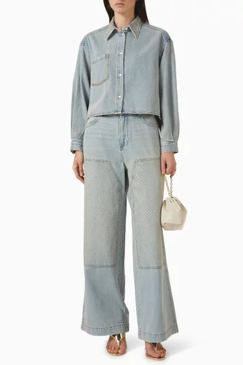 بنطال جينز لندن بأجزاء برقعات مطرزة بأحجار الراين دينم بلون باهت