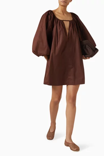 فستان قصير بأكمام منفوخة مزيج قطن