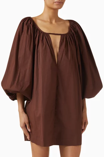 فستان قصير بأكمام منفوخة مزيج قطن