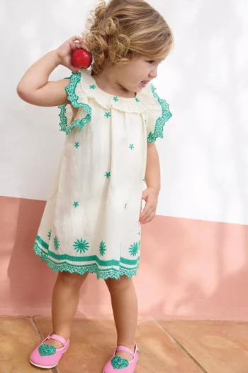 فستان مطرز وقصة على شكل حرف A قطن