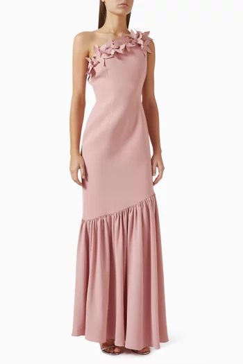 فستان سهرة بكتف مكشوف مزين بزهور كريب