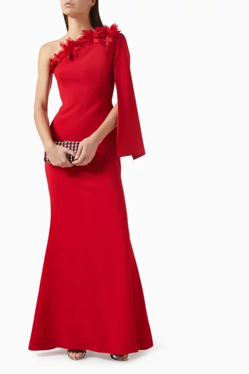 One-shoulder Flower Embroidered Gown in Crepe