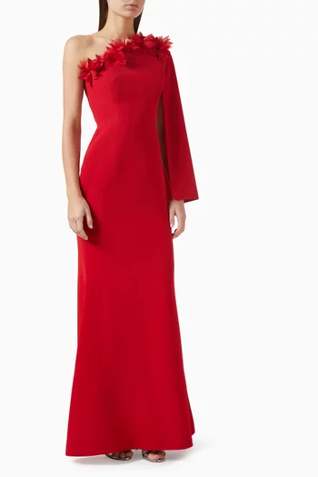 One-shoulder Flower Embroidered Gown in Crepe