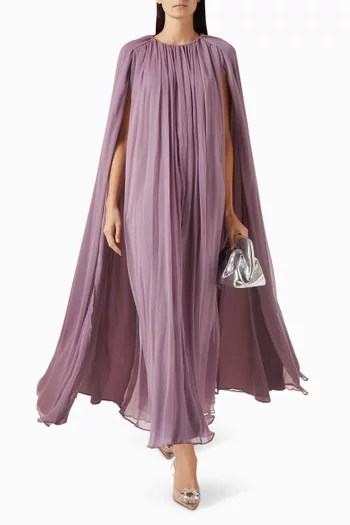 Pleated Cape-sleeve Kaftan in Crinkled Chiffon