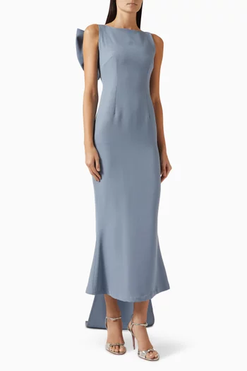 Cascading Back Bow Maxi Dress in Crepe & Chiffon
