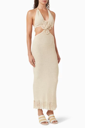 فستان ستارلا طويل بزهرة بارزة منسوج