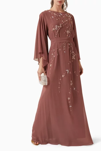 فستان بحزام وتطريزات بالخرز شيفون