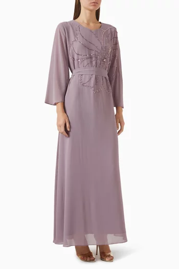 فستان بحزام وتطريزات بالخرز شيفون