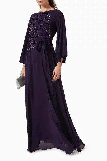 فستان بحزام وتطريزات بالخرز شيفون