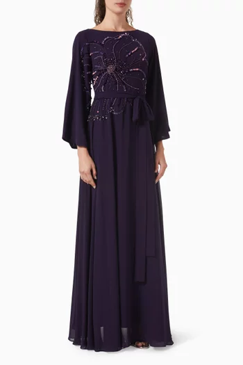 فستان بحزام وتطريزات بالخرز شيفون