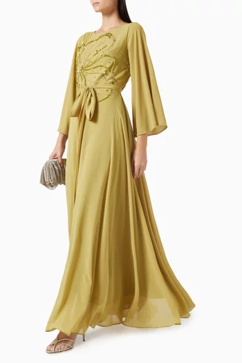 فستان بحزام وتطريزات بالخرز شيفون