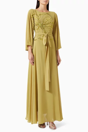 فستان بحزام وتطريزات بالخرز شيفون