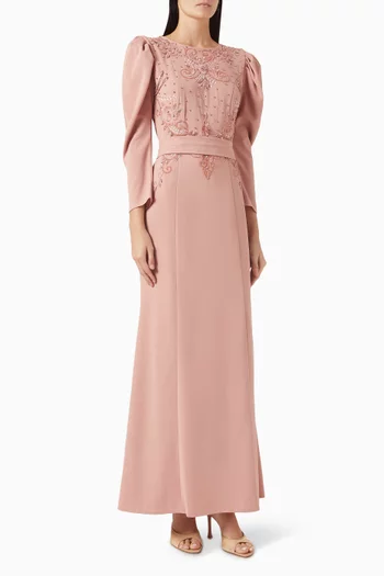 فستان بحزام وتطريزات بالخرز كريب