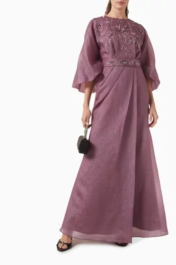 فستان بحزام وتطريزات بالخرز أورجانزا