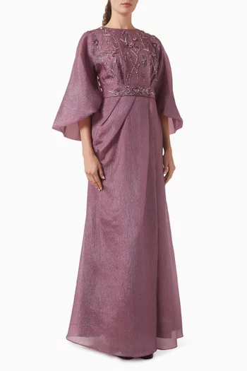 فستان بحزام وتطريزات بالخرز أورجانزا