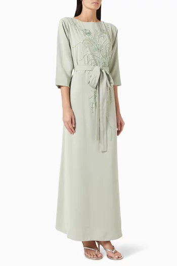 فستان بحزام وتطريزات بالخرز شيفون