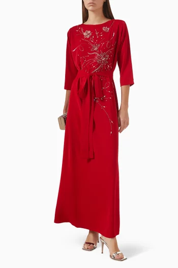 فستان بحزام وتطريزات بالخرز شيفون