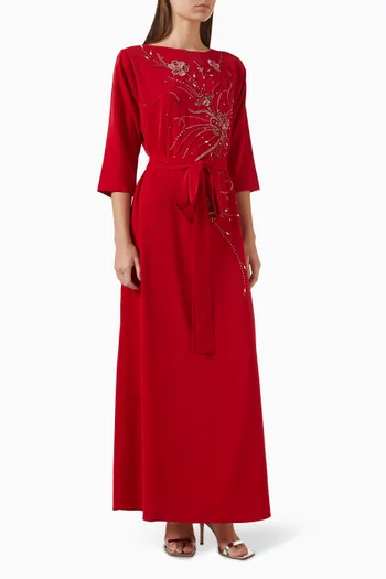 فستان بحزام وتطريزات بالخرز شيفون